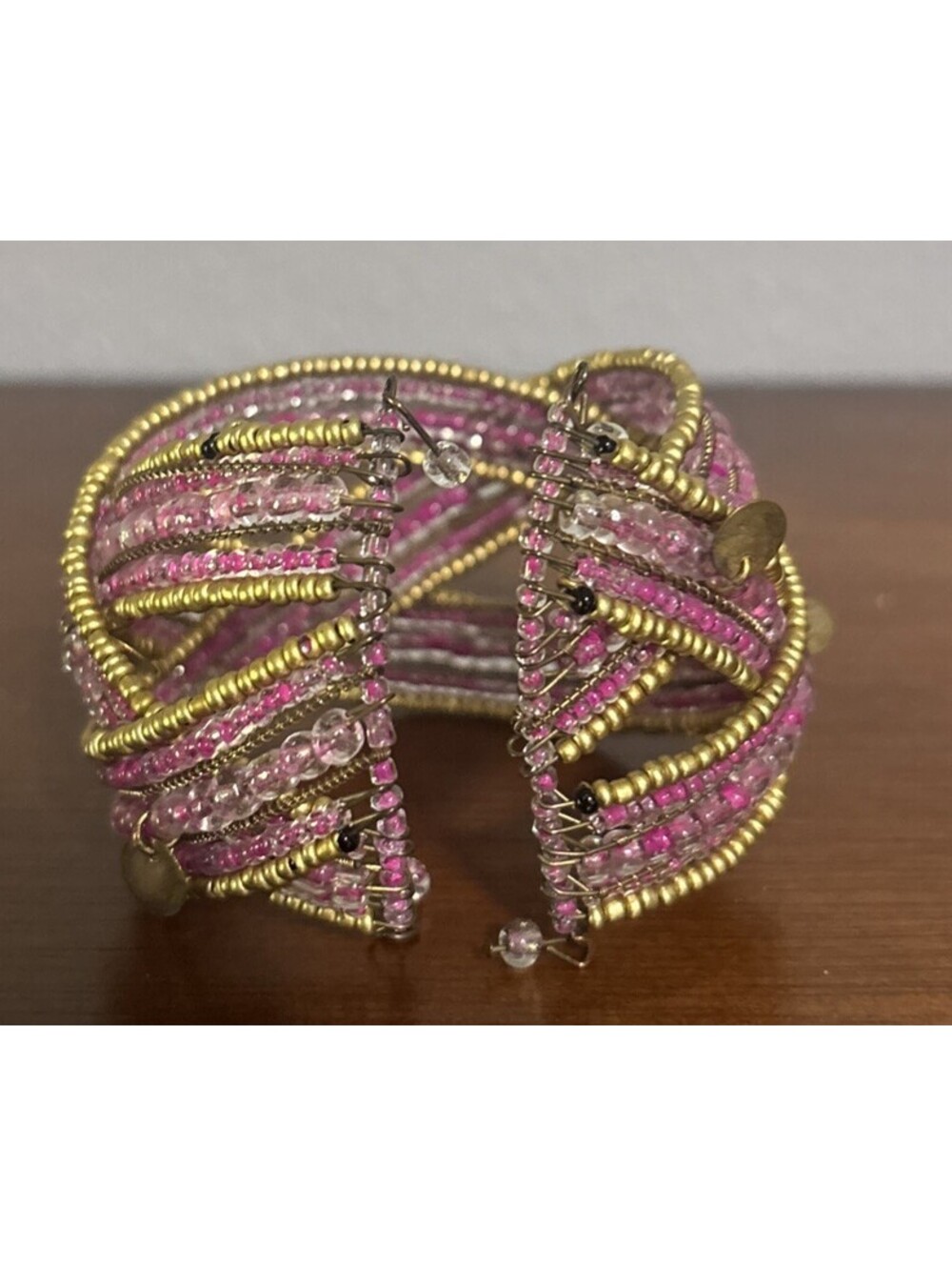 Braided Pink & Gold Seed Bead Flex Cuff Bracelet - Picture 2 of 3